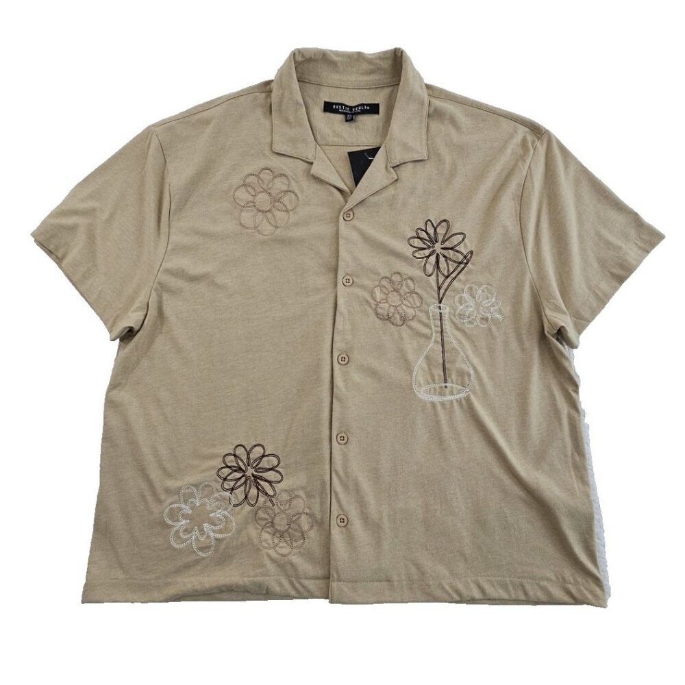 NEW Rustic Souls Button-Down Knit Shirt Men's XL Floral Embroidery Tan NWT